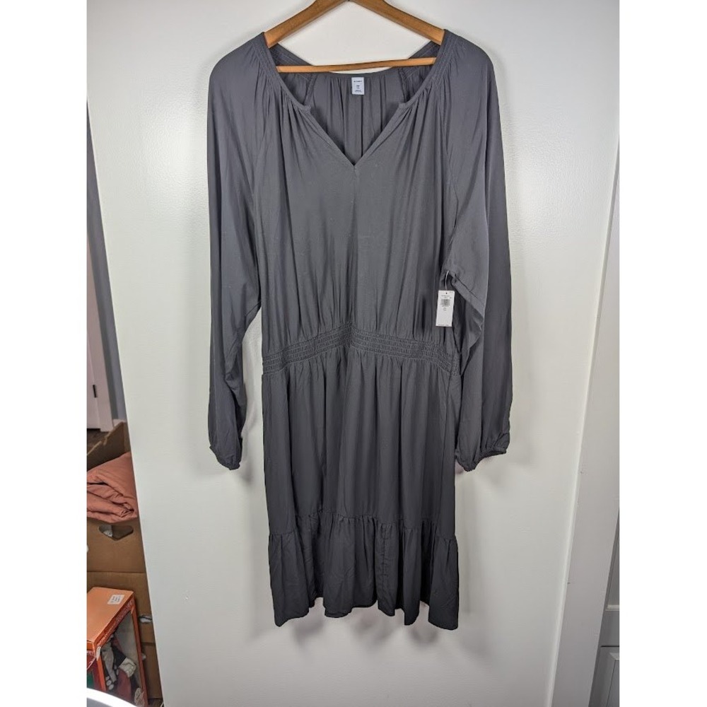 Old Navy Midi Dress Women Size XXL TALL Smocked Office Minimalist Goth Flowy NEW - Picture 3 of 7